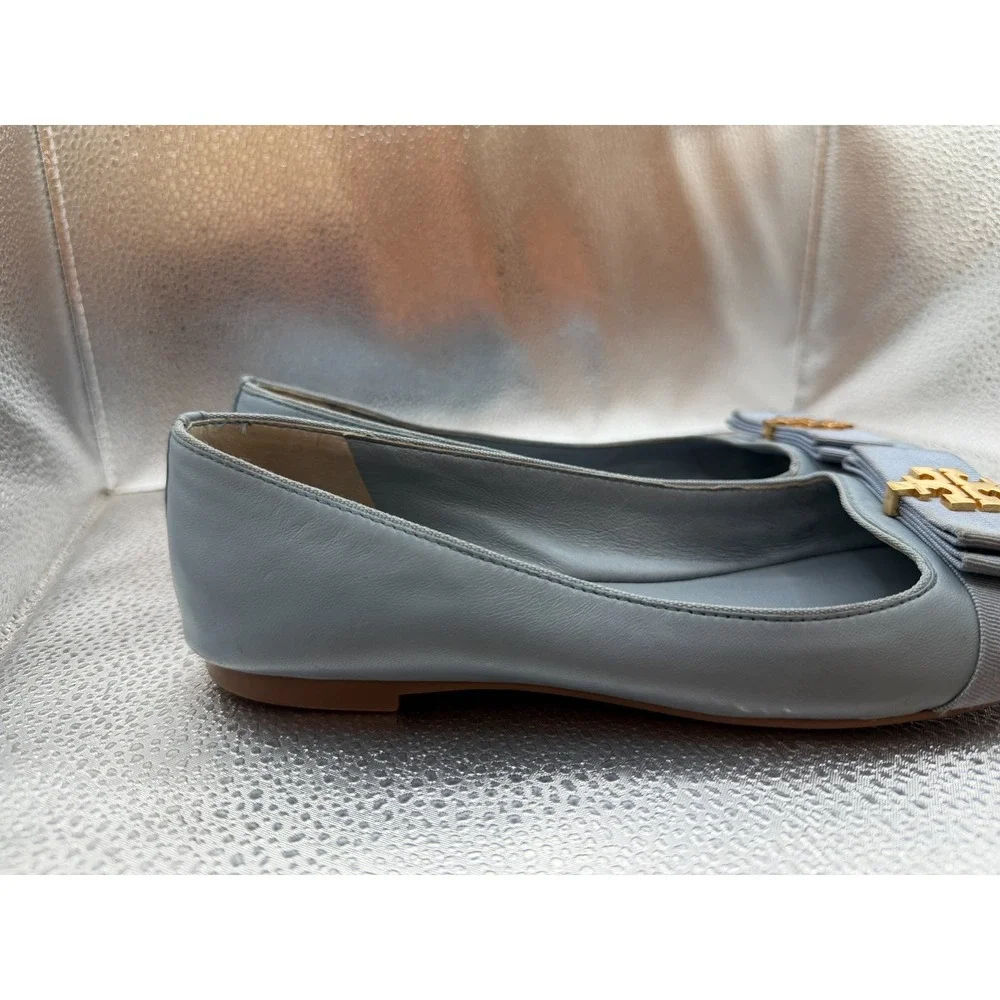 Size 6M Tory Burch Sedgewick Blue Womens Gold Logo Medallion Leather Ballet Flat